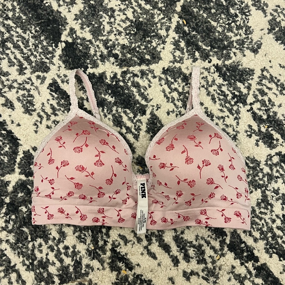 Victoria's Secret Pink Bra with Red Floral Pattern